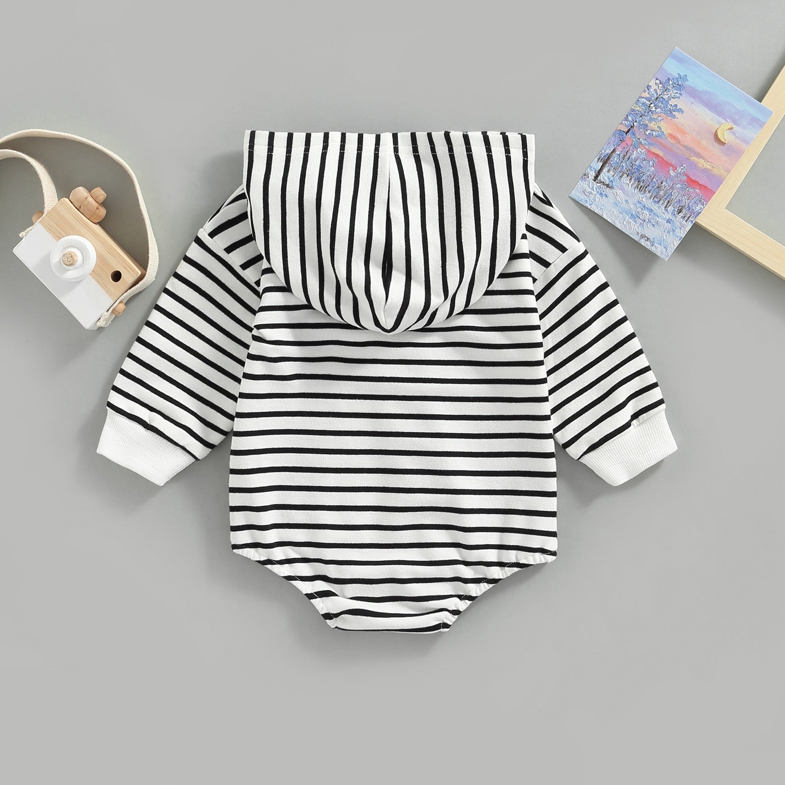 Hooded Bodysuit Black White Stripe - The Lovely Babies