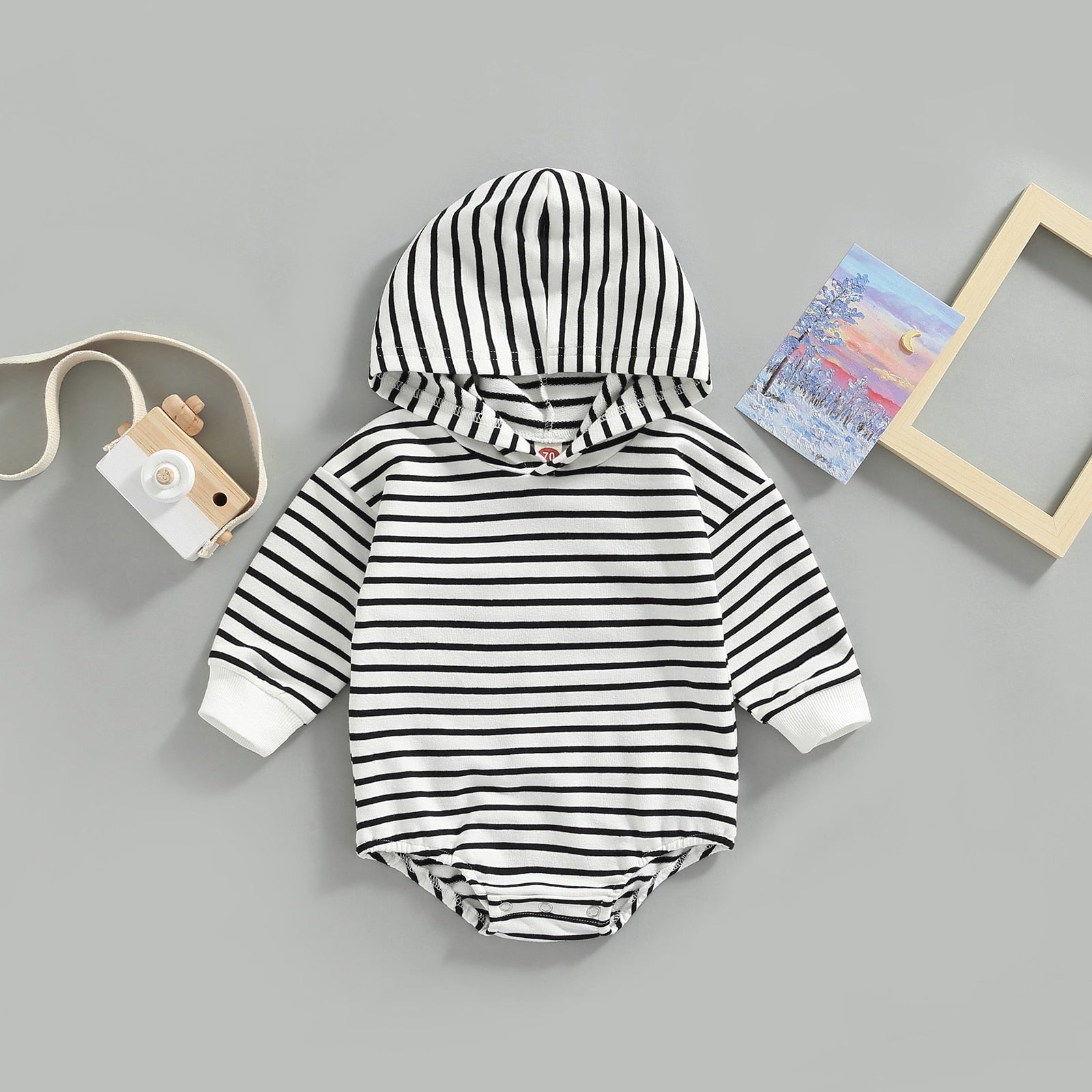 Hooded Bodysuit Black White Stripe - The Lovely Babies